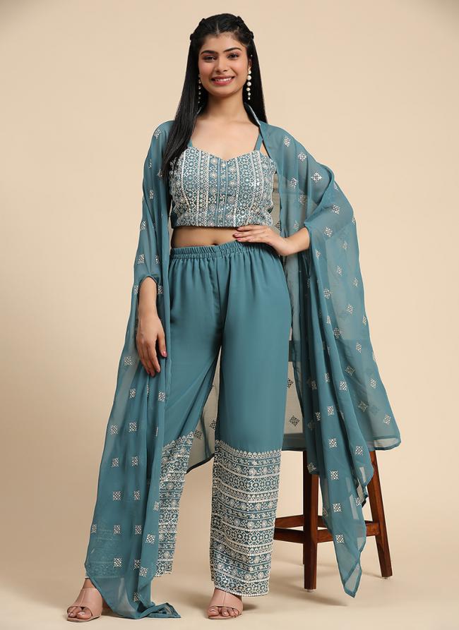 Georgette Blue Party Wear Embroidery Work Readymade Indo Western